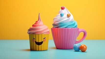 Bright vibrant cartoon plasticine cup of coffee with cream and decorated smiling muffin background with copyspace for cafe and restaurant for children