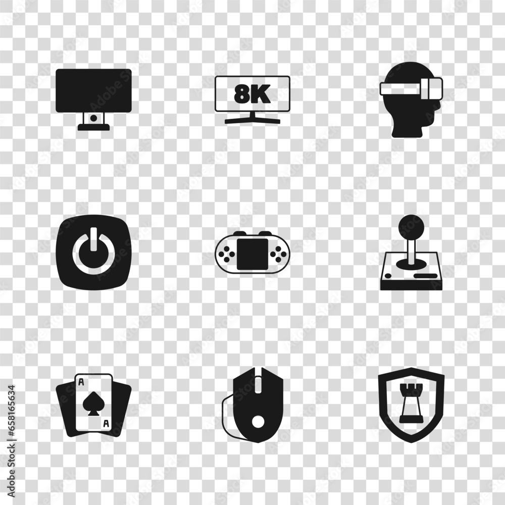 Poster set computer mouse, joystick for arcade machine, chess shield, portable video game console, virtual 