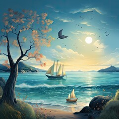 A view on a ship and a sailboat on the water, birds in the sky, horizon, sun and a tree from the coastline. A flock of birds above the ocean. Mountains on the horizon. Calm scene painting - obrazy, fototapety, plakaty