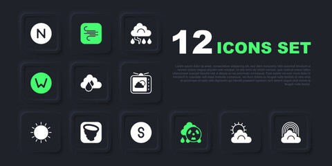 Set Sun and cloud weather, Rainbow with, Cloud rain, Acid radioactive, Compass north, Tornado, Wind and south icon. Vector