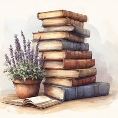Ein Stapel Bücher und ein Lavendelstrauch in einem Blumentopf - obrazy, fototapety, plakaty