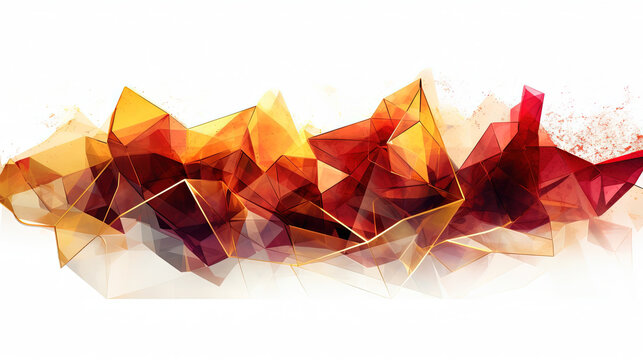 Mixed Abstract Art of Watercolor Red and Gold Color Wavy and Curve Triangle Particles on White Background