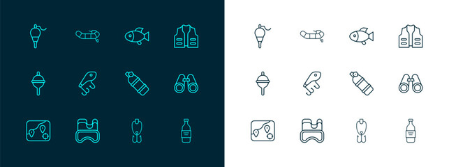 Set line Fishing jacket, Diving mask, Aqualung, lure, float and Inflatable boat with motor icon. Vector