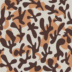Seamless leopard pattern with floral elements. Brown shapes on light grey background suit as wallpaper, wrapping, fashion print.