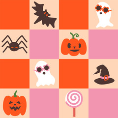 Seamless pattern with halloween pumpkins, groovy ghosts, witch hats, bats, spiders and candies on bright background. Suits as wallpaper, print, texture, wrapping.