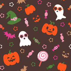 Seamless pattern with halloween pumpkins, groovy ghosts, witch hats, bats and candies on dark brown background. Suits as wallpaper, print, texture, wrapping.