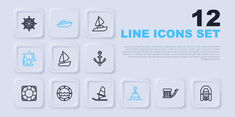 Set line Marine bollard with rope, Inflatable boat motor, Yacht sailboat, Floating buoy, Tsunami, Ship porthole, Speedboat and Windsurfing icon. Vector