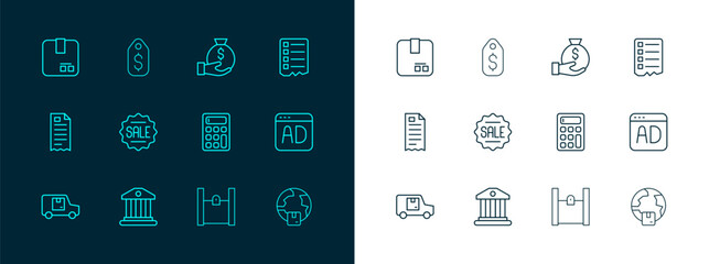 Set line Shopping list, Bank building, Calculator, Paper shopping bag, Price tag with Sale, Money, Carton cardboard box and dollar icon. Vector