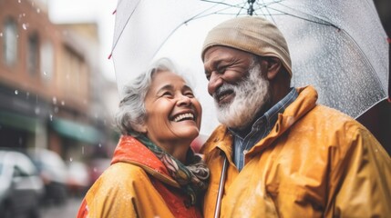 A diverse senior pair in raincoats, smiling in the city rain.