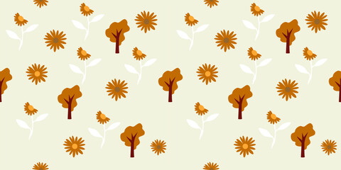 Tropical nature seamless pattern hand-drawn plants, simple small flowers. Flowers Branches and Leaves Repeating Seamless pattern hand-drawn with tropical leaves. floral seamless pattern with leaves