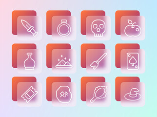 Set line Poison apple, Magic runes, Witches broom, hand mirror, powder, Skull, Dagger and stone ring icon. Vector