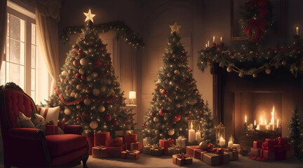 Fototapeta na wymiar Christmas tree with candle light decoration room.