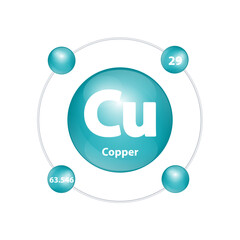 Icon structure Copper (Cu) chemical element round shape circle dark green with surround ring Number shows of energy levels of electron. Study science for education 3D Illustration vector.