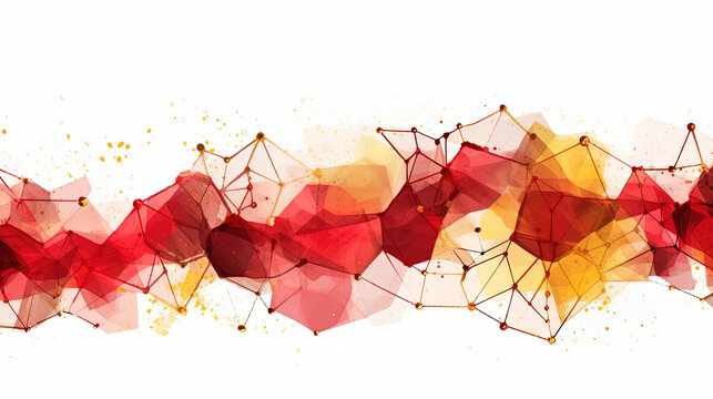 Mixed Abstract Art of Watercolor Red and Gold Color Wavy and Curve Triangle Particles on White Background