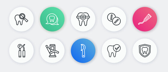 Set line Dental floss, Tube of toothpaste, mirror and probe, Tooth, Toothache painkiller tablet, Teeth with braces, protection and Medical dental chair icon. Vector