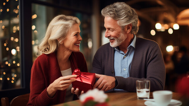 A mature husband offers his receiving wife a red gift box, making a romantic gift in Valentine's Day concept.