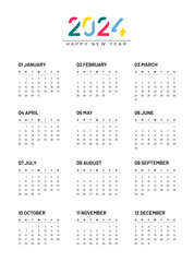 Calendar 2024, week starts on Sunday, on white background, template, vector.