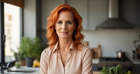 Confident stylish mature mid aged short redhead woman standing at her modern home kitchen. Generative AI.