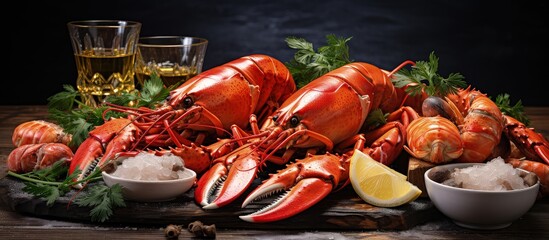 Seafood dish featuring lobster mussels and oysters - obrazy, fototapety, plakaty