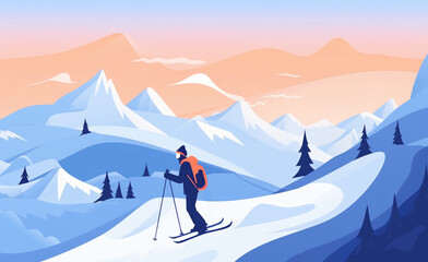 Fototapeta na wymiar Ski. illustration of a jumping snowboarder in trendy flat style, isolated on snow mountains background