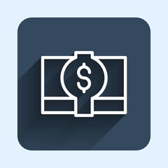 White line Stacks paper money cash icon isolated with long shadow background. Money banknotes stacks. Bill currency. Blue square button. Vector