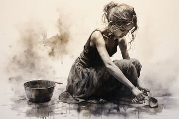 Elegantly sweeping dark duotone ink washes capture a young girl's silhouette, intertwining her spirit with subtle, poignant rhythms of change and growth.