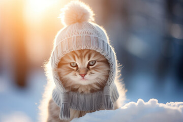 Cute fluffy red kitten wearing funny knitted hat in snowy winter forest on sunny evening.