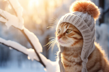 Cute fluffy red kitten wearing funny knitted hat in snowy winter forest on sunny evening. - Powered by Adobe
