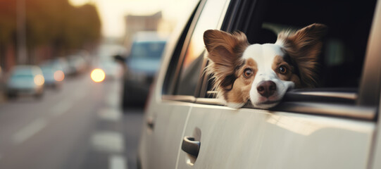 Funny cute dog peeking from car window while on the road. Puppy sitting in car ready for a vacation trip. Travelling with pets.