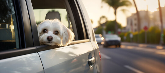 Funny cute dog peeking from car window while on the road. Puppy sitting in car ready for a vacation trip. Travelling with pets.