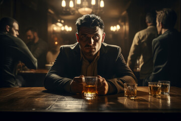 Attractive man spending time in whiskey bar. Handsome young man drinking alcoholic beverages in a pub. - obrazy, fototapety, plakaty