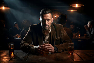 Attractive man spending time in whiskey bar. Handsome young man drinking alcoholic beverages in a pub.