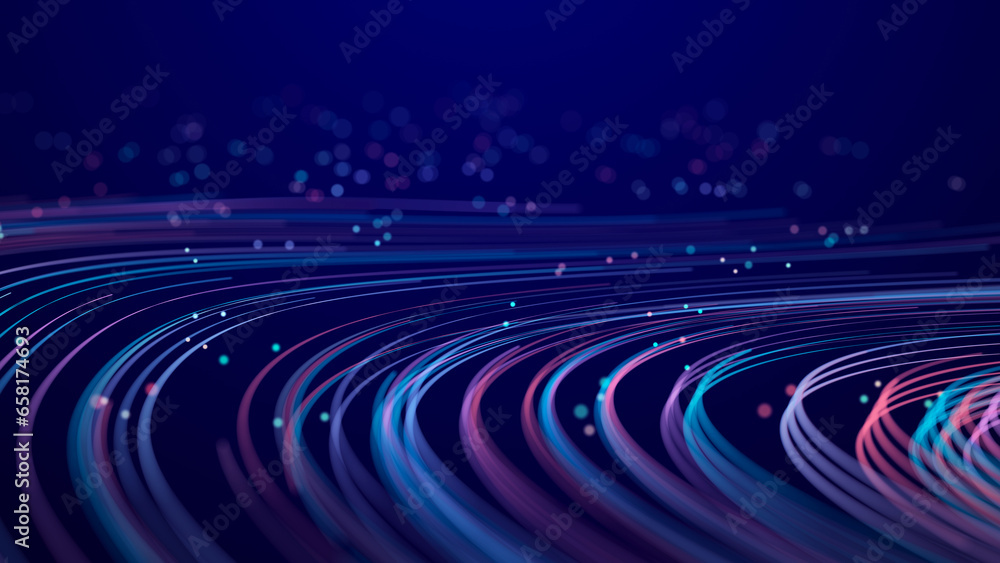 Poster abstract glitter particles in dark space. network data transfer concept. 3d rendering.