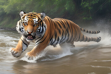 A Tiger running on the river in aggressive mode