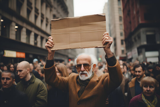 Old man in the streets protesting, holding a sign