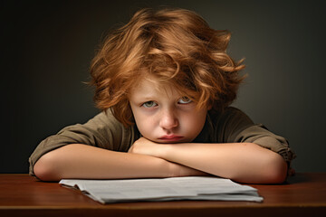Sad tired schoolboy doing homework. Little child struggling with his assignment. Education, school, learning difficulties concept.
