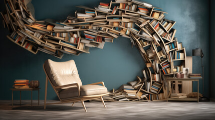 Interior of a room with a chair and an unusual shelf for books. Curved