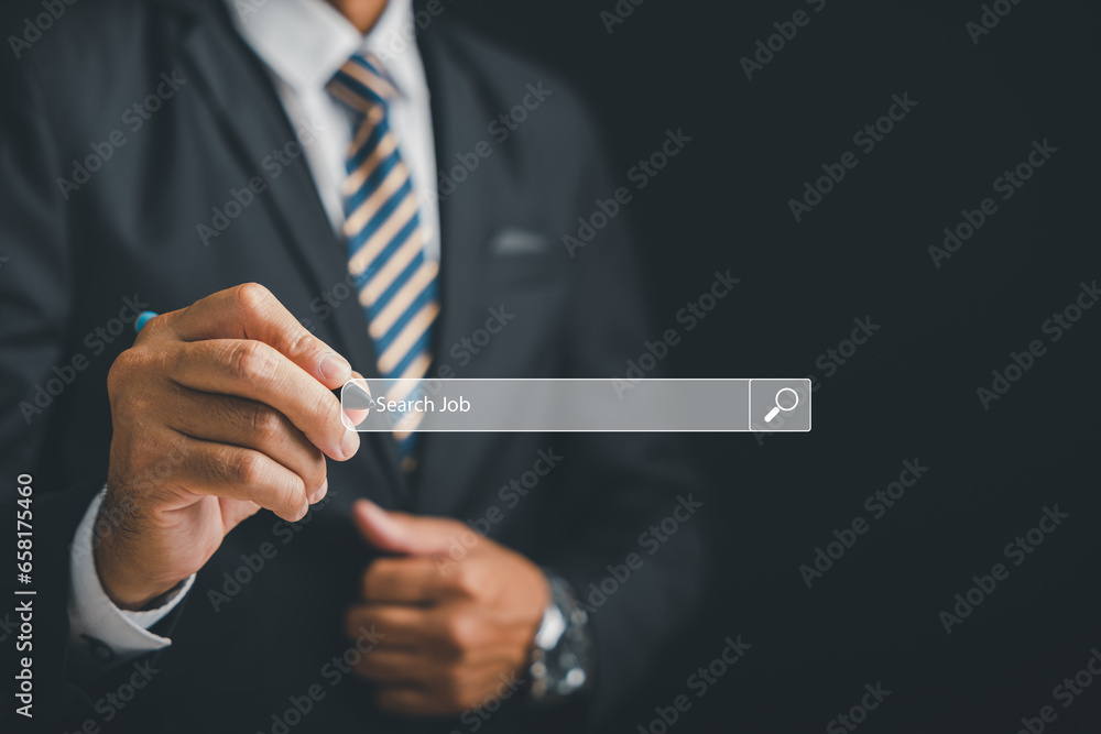 Poster innovative job hunting represented by a man using a digital pen to access the vast resources of the 