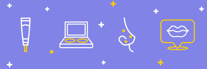 Set line Smiling lips, Acne, Eye shadow palette with brush and Cream or lotion cosmetic tube icon. Vector