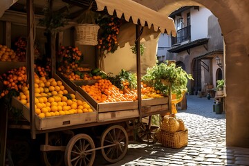 Oranges stacked on a stall in a marketplace.