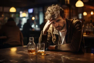 Gordijnen Sad depressed man spending time in whiskey bar. Handsome young man drinking alcoholic beverages in a pub. © MNStudio