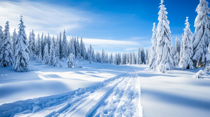 A forest of snow-covered pine trees with a ski trail winding through it - obrazy, fototapety, plakaty