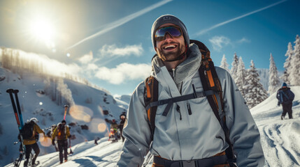 Sunny winter day skiing with friends - obrazy, fototapety, plakaty