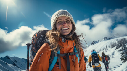 Young woman, happy and ready to ski with friends