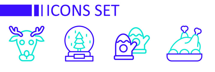 Set line Roasted turkey or chicken, Christmas mittens, snow globe and Reindeer icon. Vector