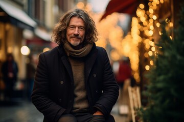 Portrait of a handsome middle-aged man with long wavy hair, wearing a coat and scarf, sitting on a street in the city at Christmas time.