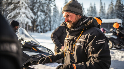 Snowmobile instructors guide beginners showcasing in the winter season