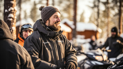 Fototapeta premium Learning experience, image of a snowmobiling instructor guiding beginners