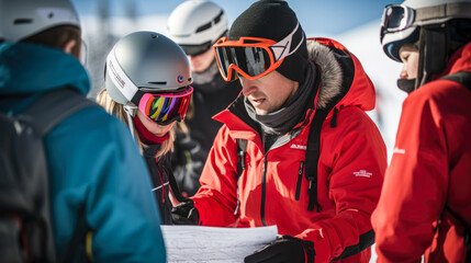 Ski instructor guides young beginners in winter season - obrazy, fototapety, plakaty
