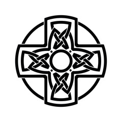 Cross with figurative intertwining ornament. Decorative religious element for Easter, baptism. Template for plotter laser cutting (cnc), wood carving, paper cutting, metal engraving or printing. Vecto